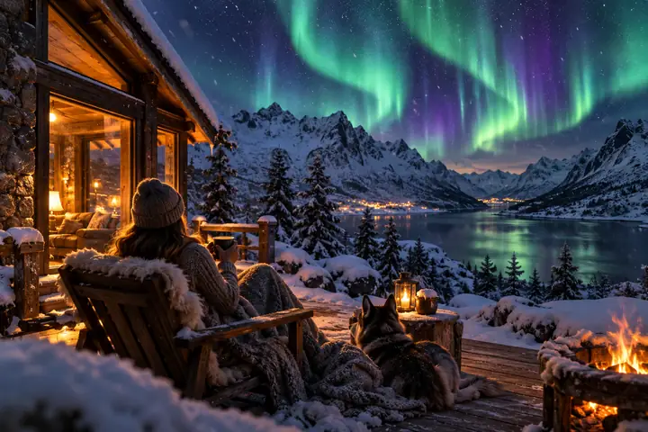 Una cabaña de montaña cálidamente iluminada bajo vívidas auroras boreales y nieve que cae, vista de noche