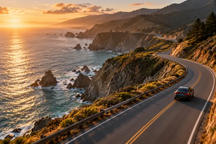 Una carretera costera bañada por el sol que serpentea sobre acantilados junto al océano, encuadrada como una fotografía aérea cinematográfica