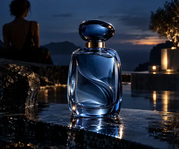 Un frasco de perfume azul translúcido sobre una superficie oscura y reflectante, iluminado como en una fotografía de producto de lujo