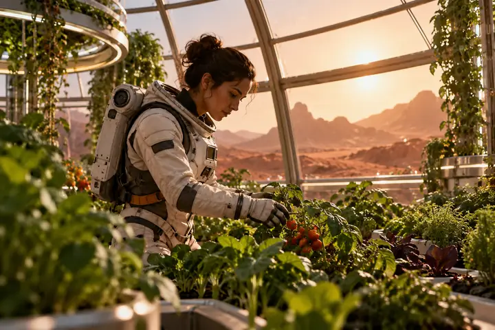 Un astronauta entre plantas frondosas en un invernadero marciano, fotografiado con una suave luz editorial